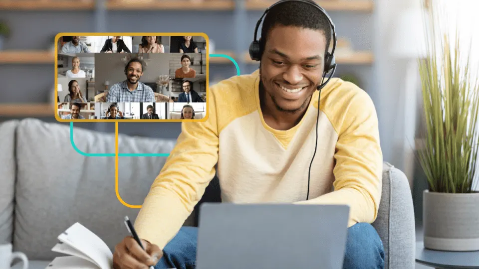 Virtual assistant smiling during a remote team video call